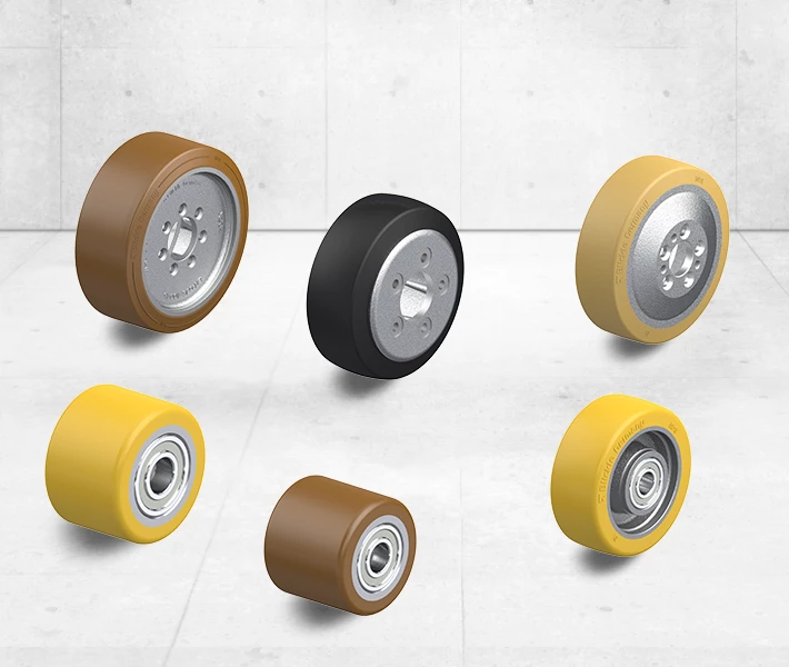 Forklift truck wheels and pallet jack wheels